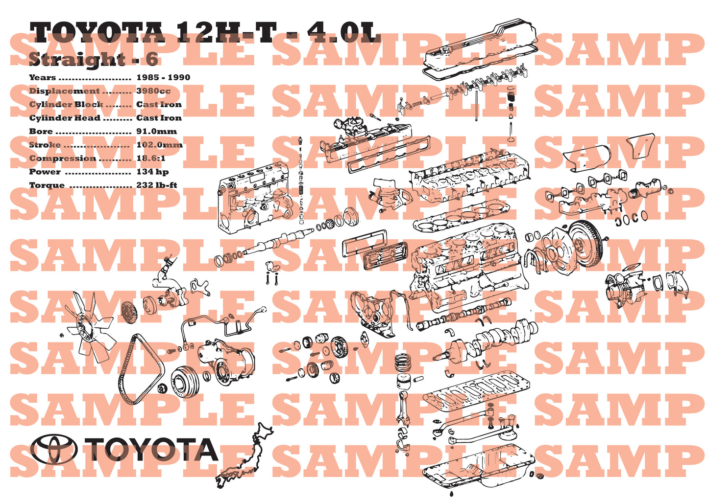 Toyota 12H-T 4.0L exploded view poster