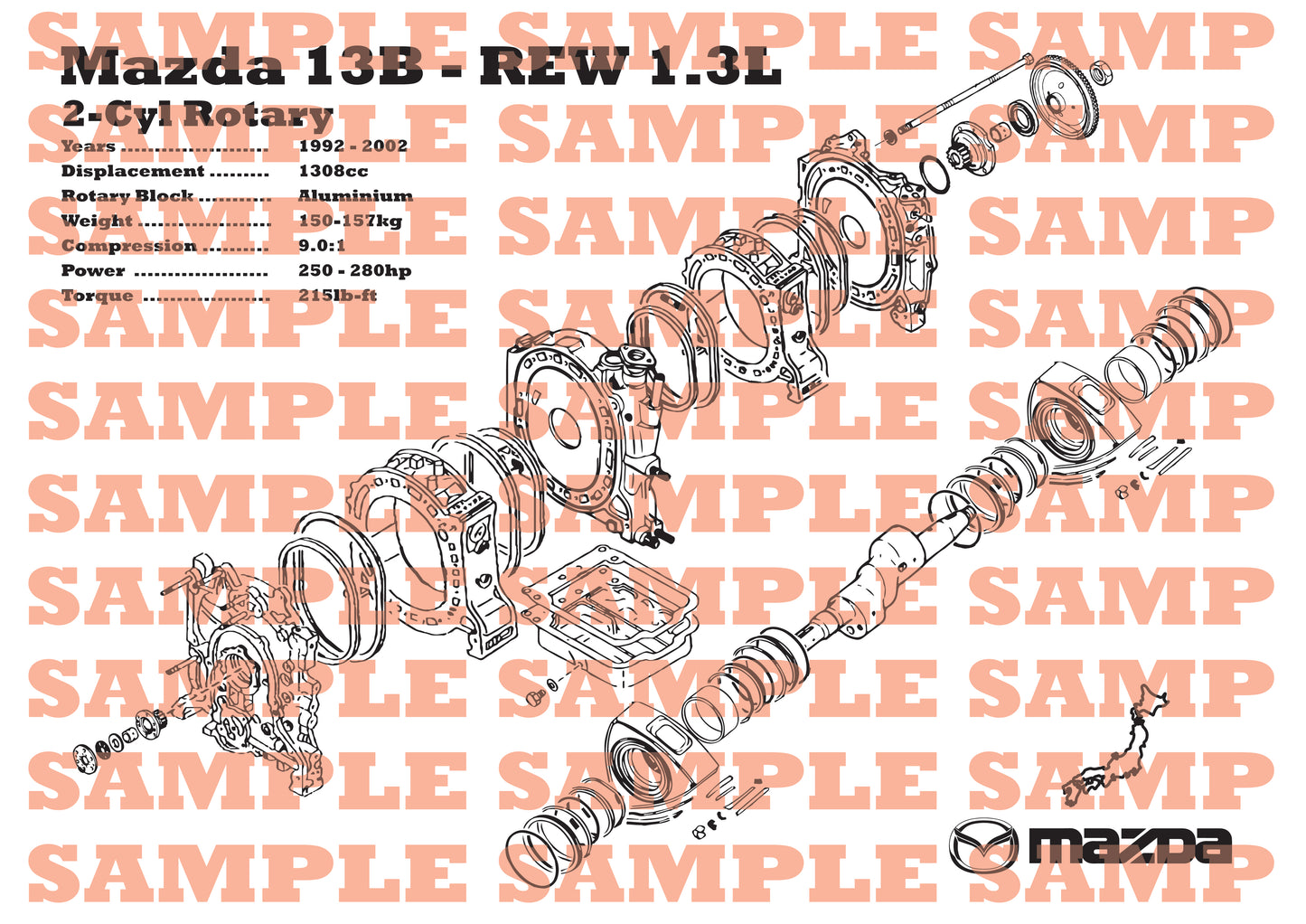 Mazda 13B-REW rotary engine Exploded View Poster