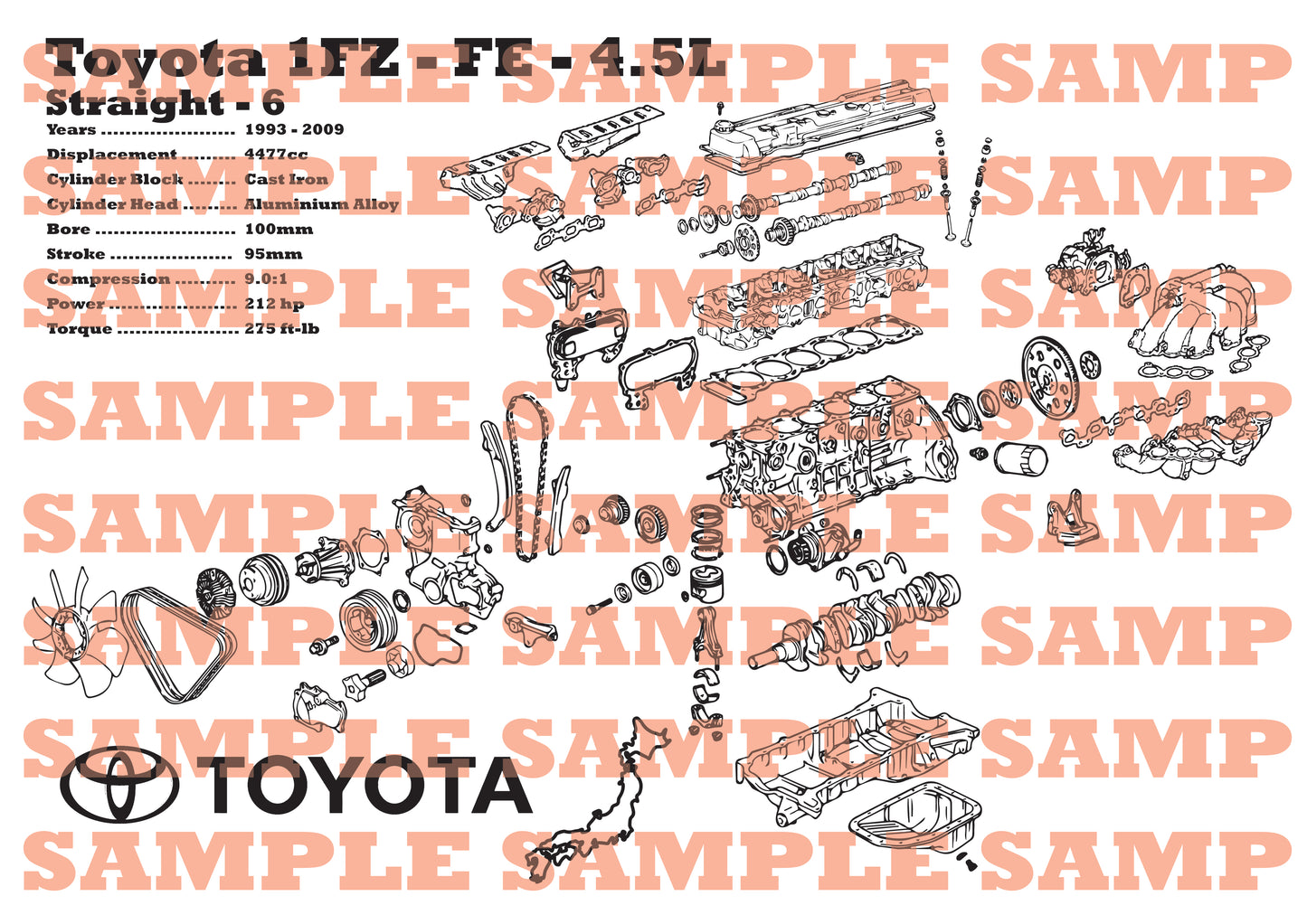 Toyota 1FZ-FE 4.5L exploded view poster