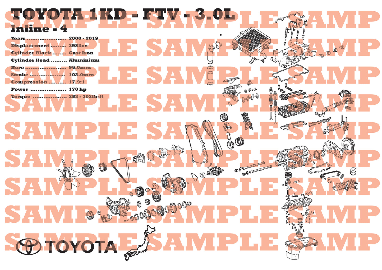 Toyota 1KD-FTV 3.0L exploded view poster