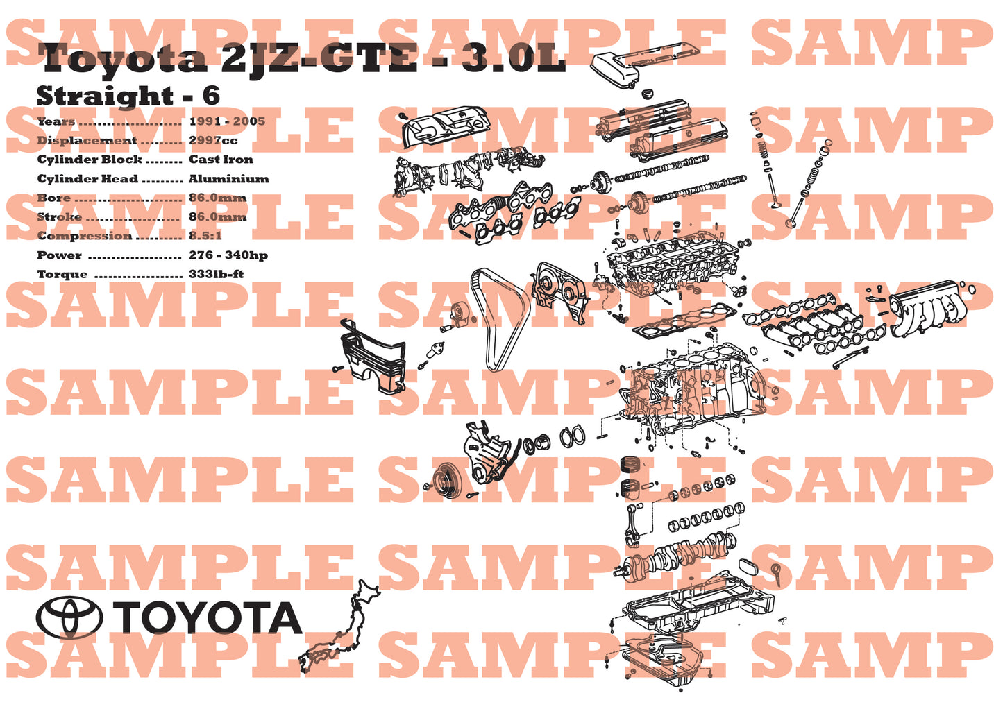 Toyota 2JZ - GTE 3.0L Exploded View Poster
