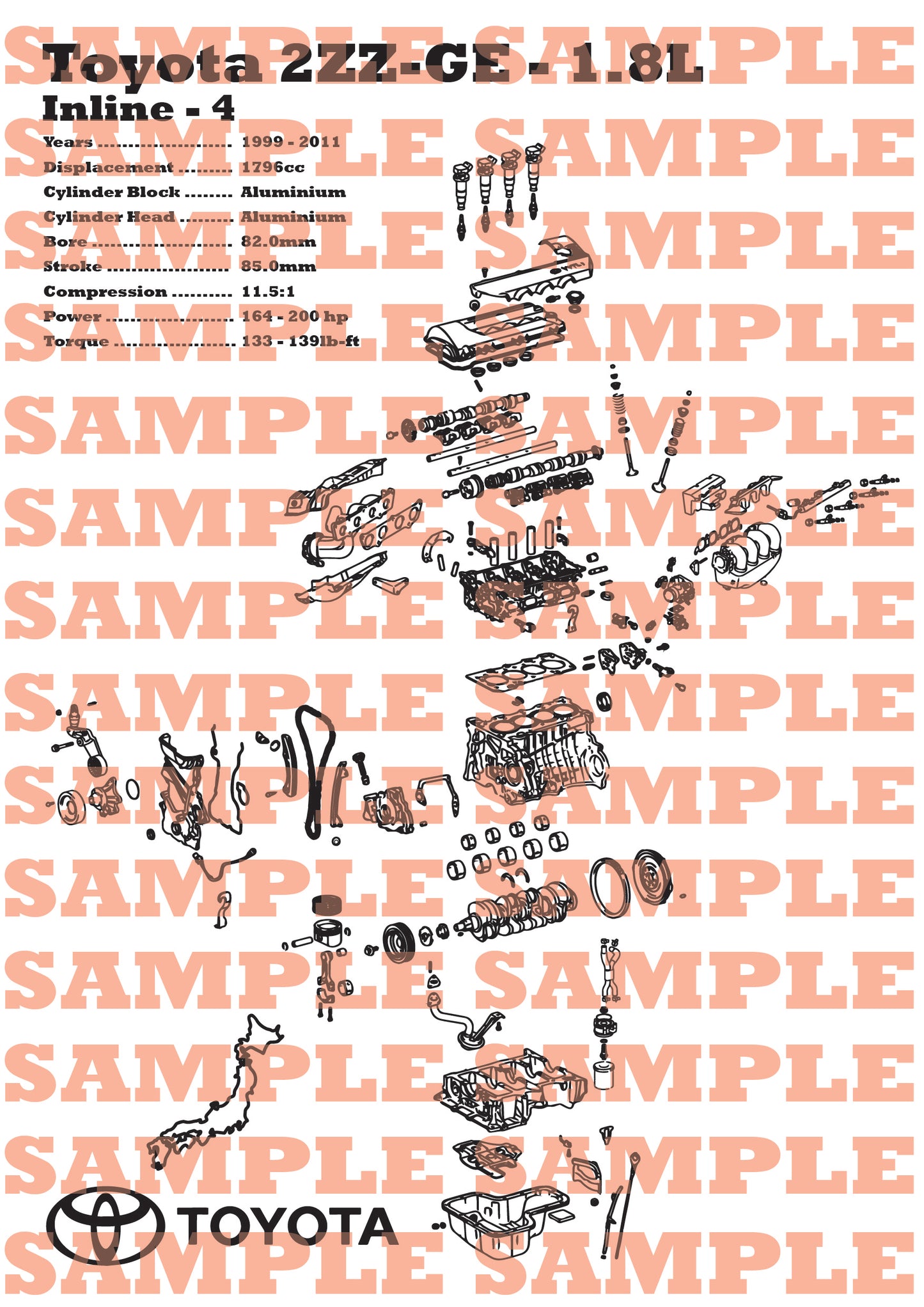 Toyota 2ZZ-GE 1.8L Exploded View Poster