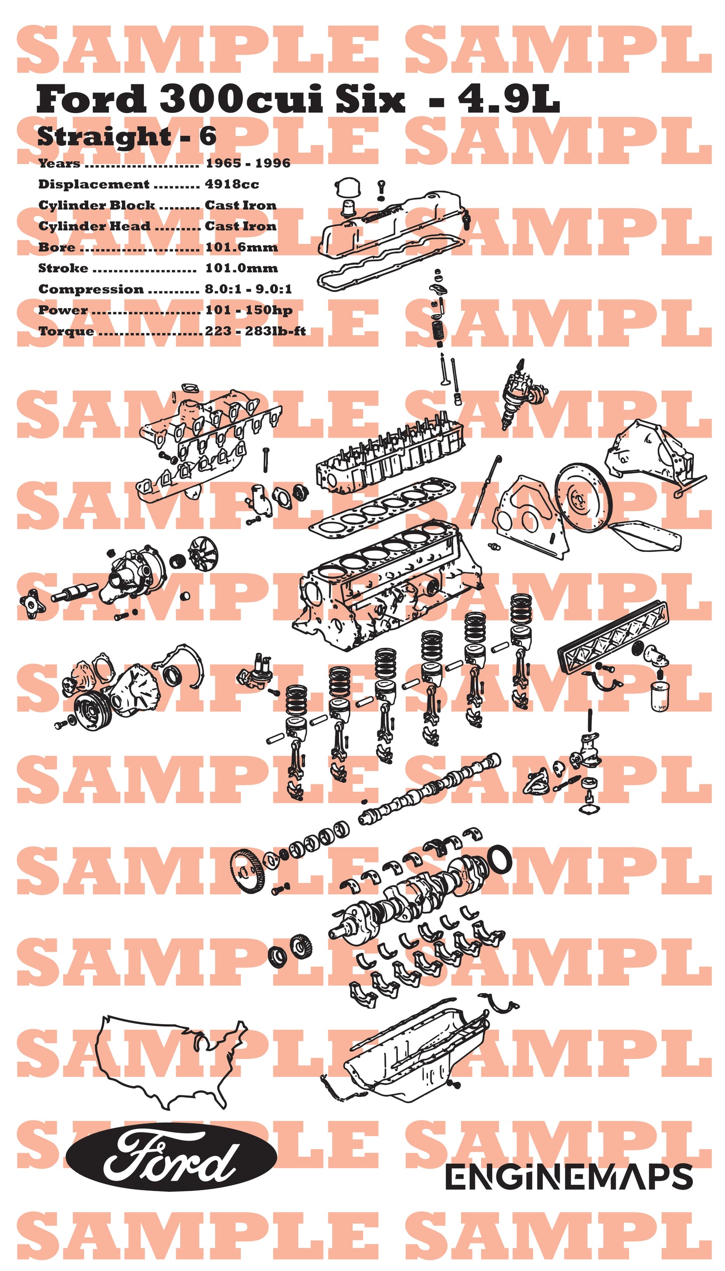 Ford 300cui Straight six 4.9L exploded view banner