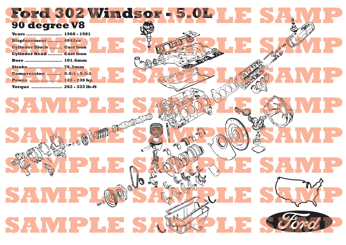 Ford Windsor 302 5.0L exploded view poster