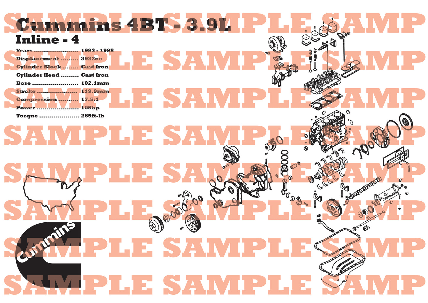 Cummins 6BT 5.9L Exploded View Poster