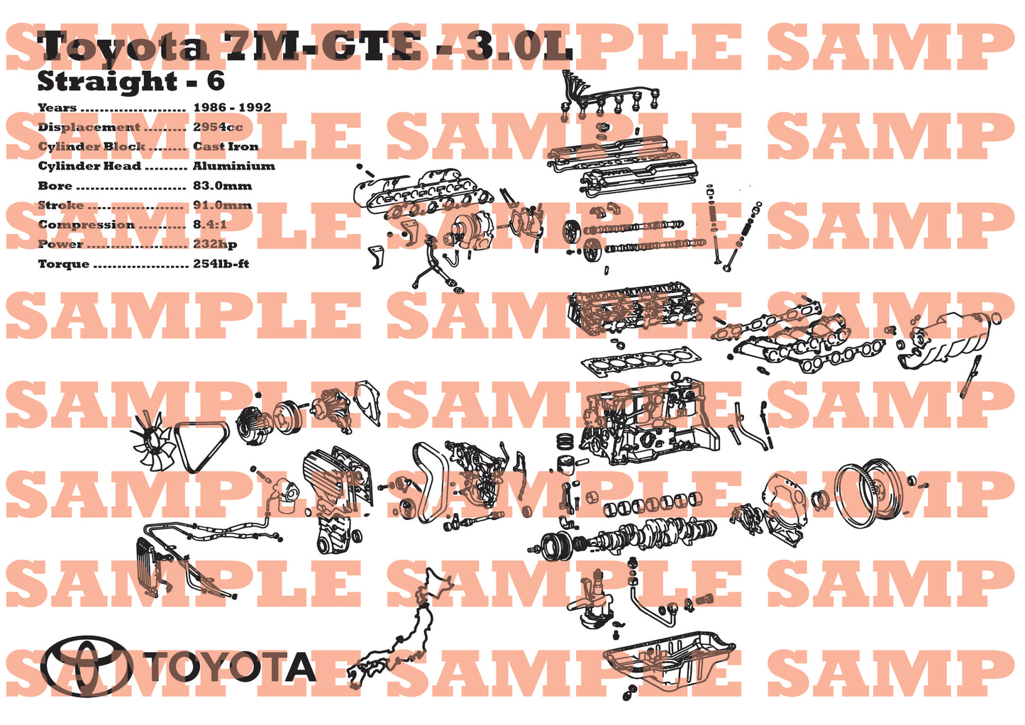 Toyota 7M-GTE 3.0L Exploded View Poster