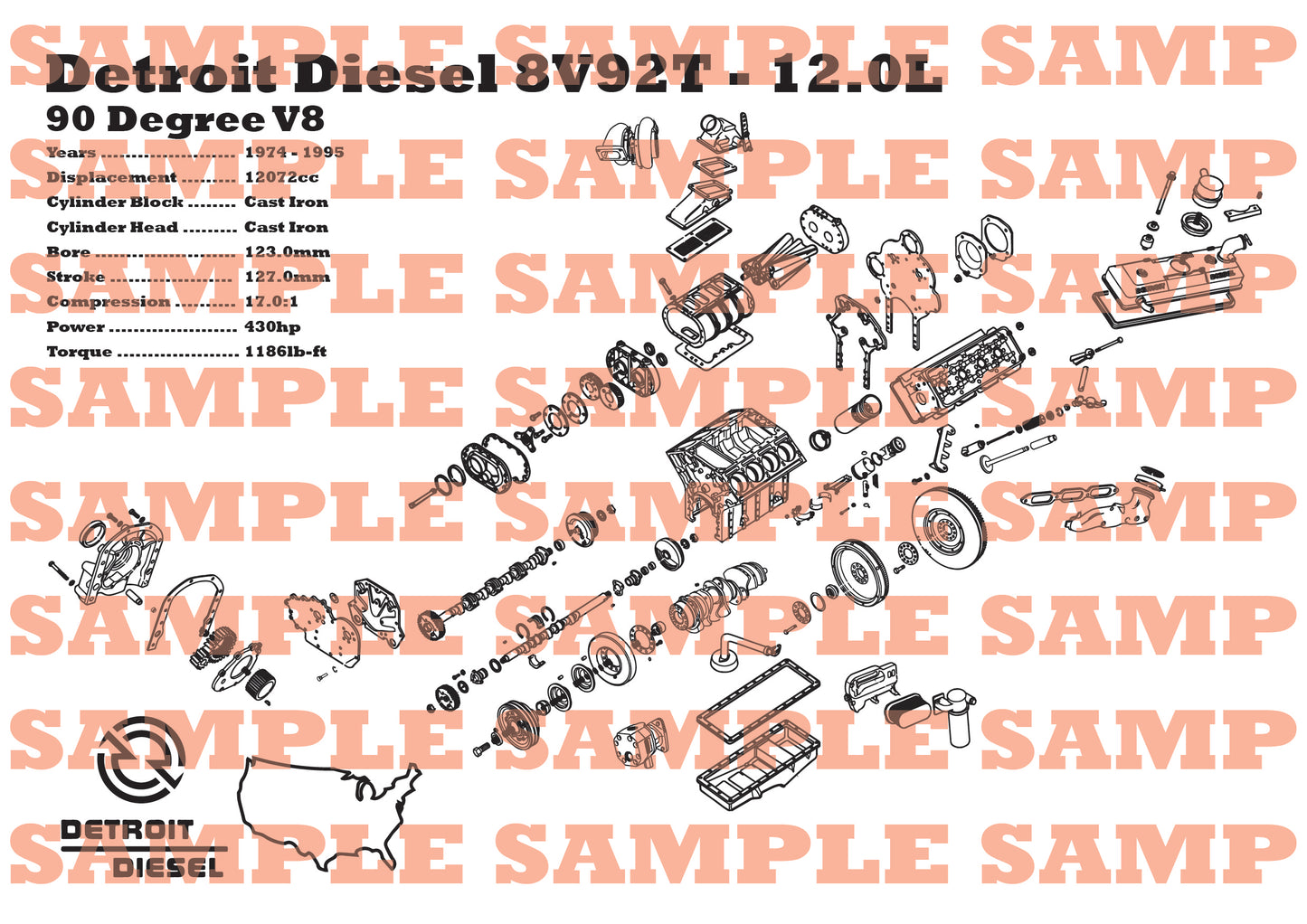 Detroit Diesel 8V92T 12.0L exploded view poster