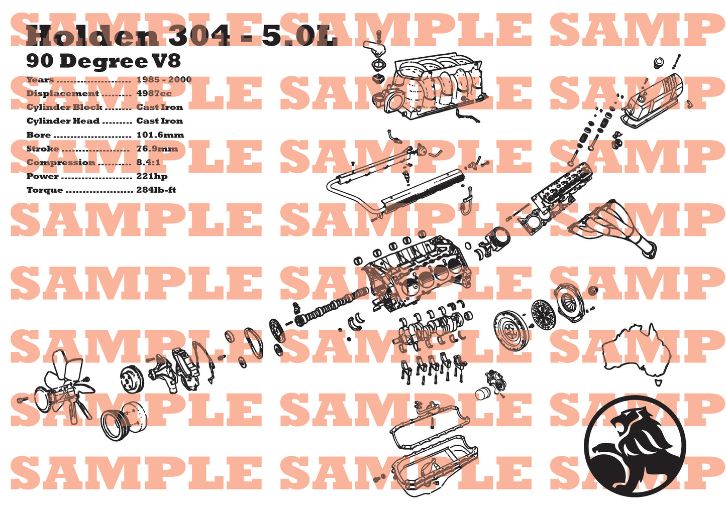 Holden 304 5.0L Engine Exploded View Poster