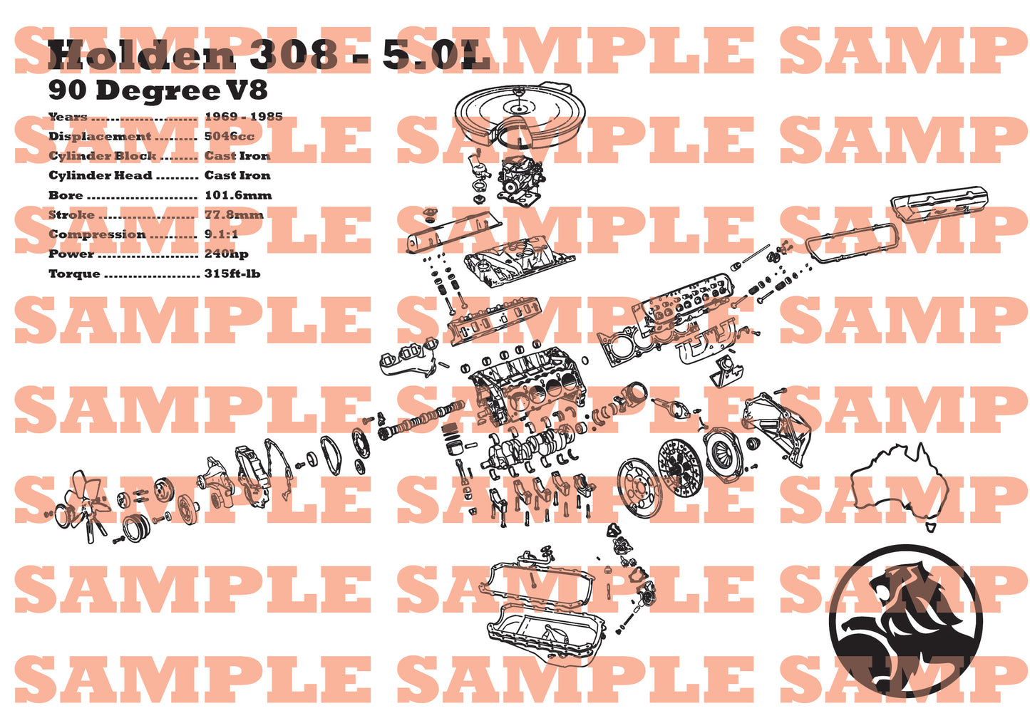 Holden 308 5.0L Engine Exploded View Poster