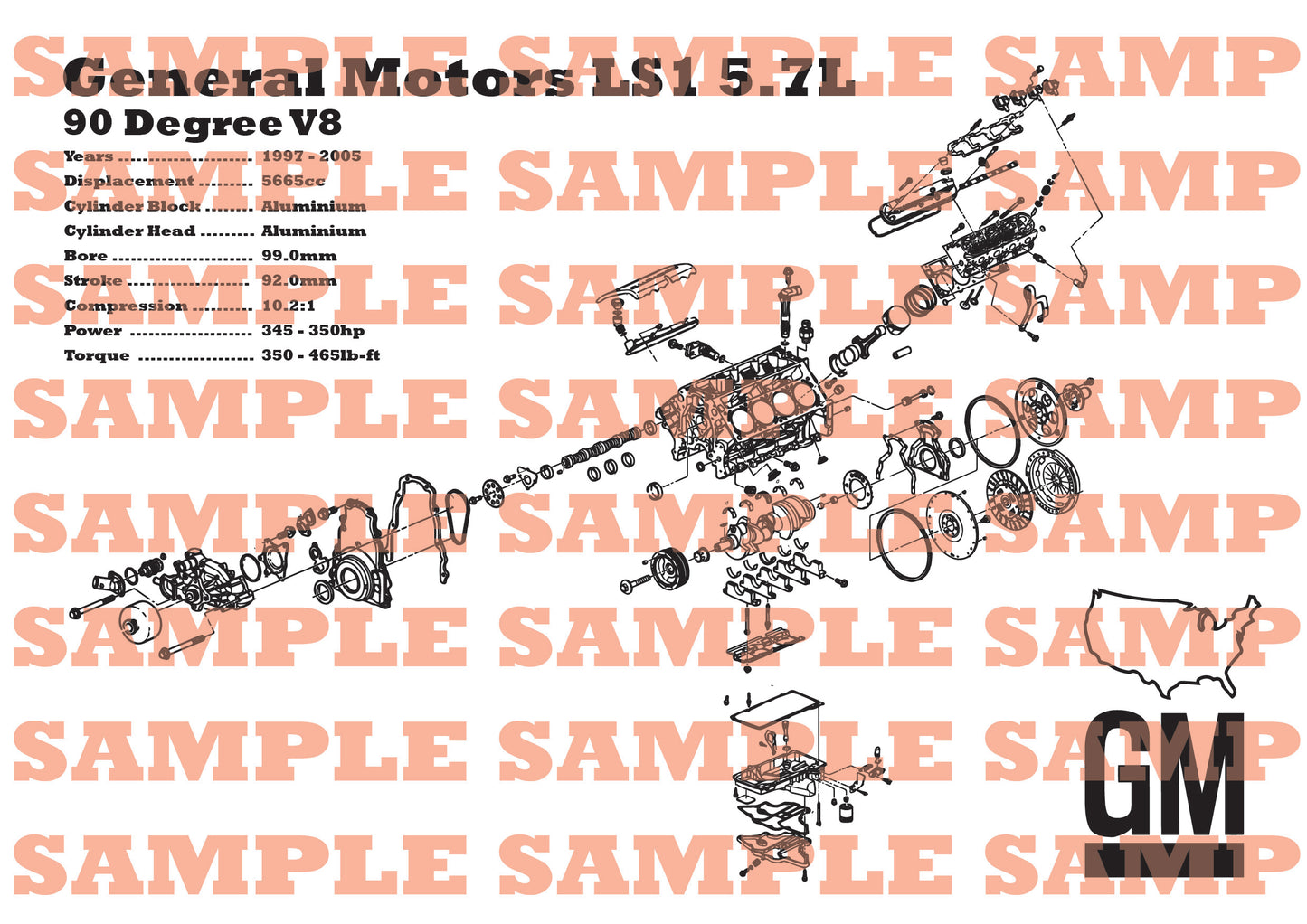 General Motors LS1 5.7L Exploded View Poster
