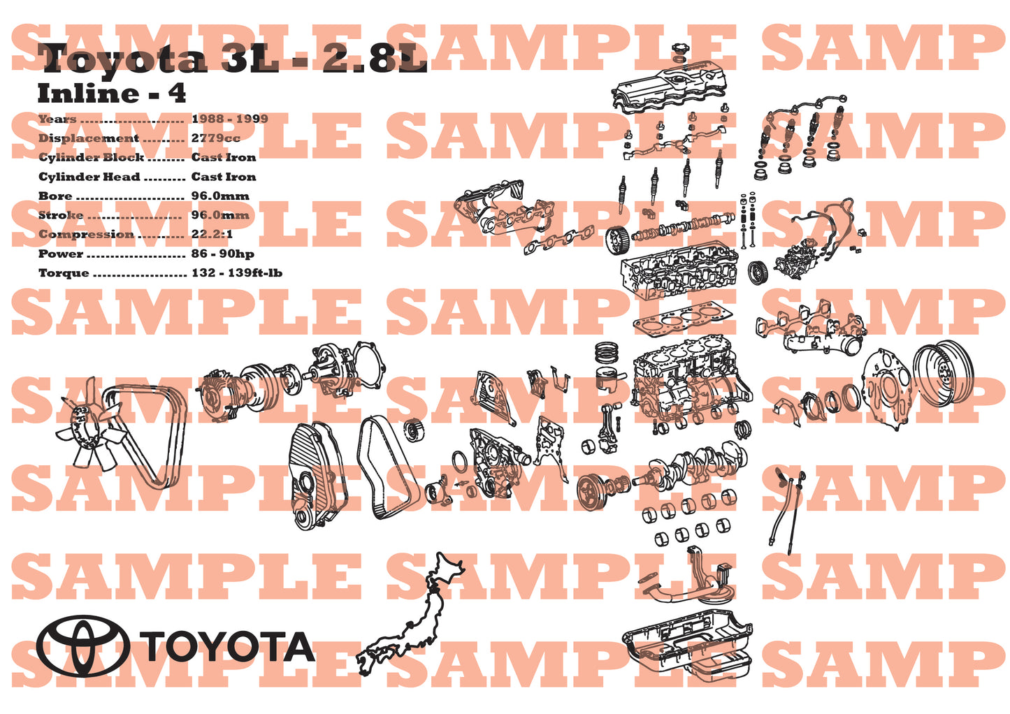 Toyota 3L 2.8L exploded view poster