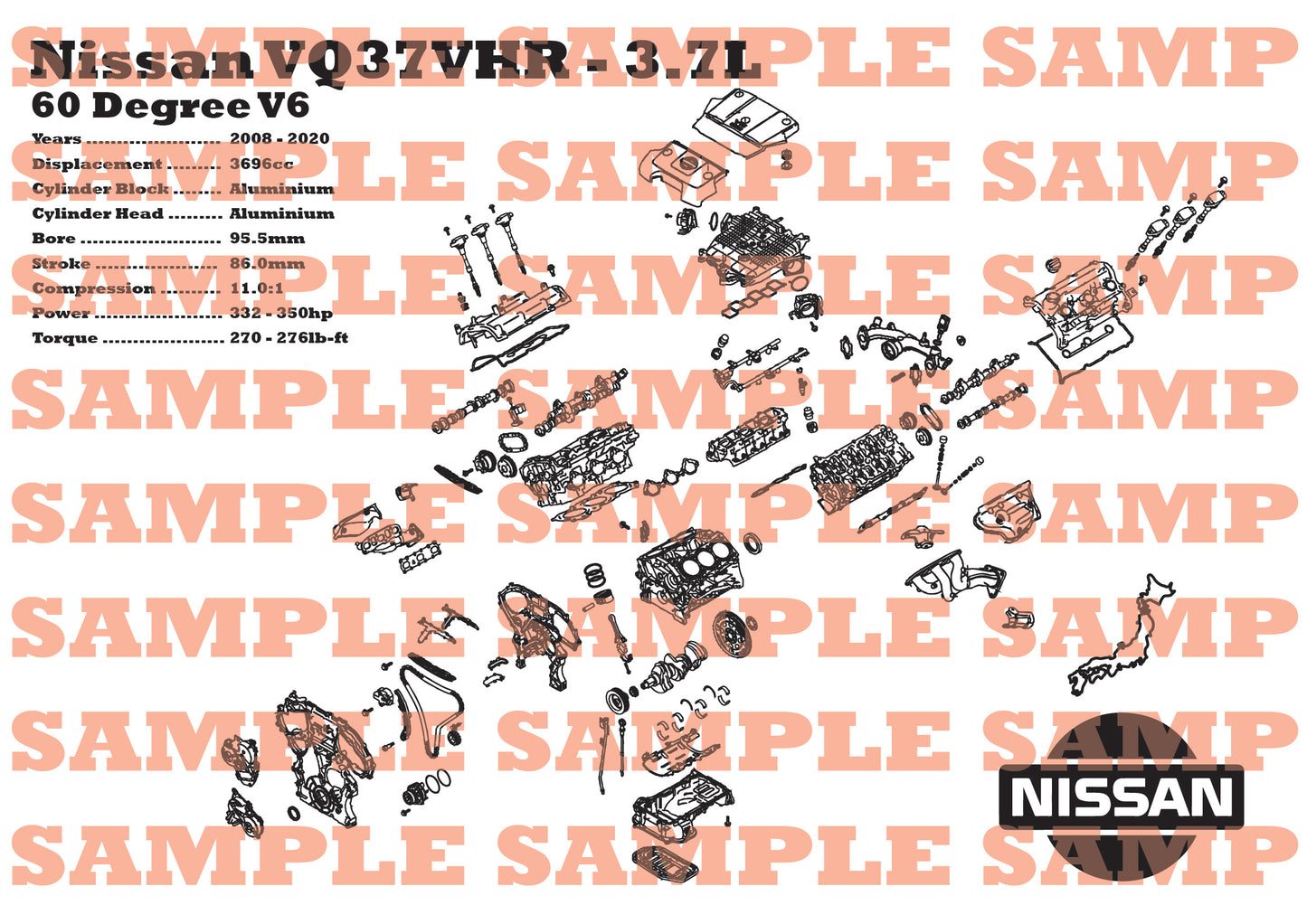 Nissan VQ37VHR 3.7L Engine Exploded View Poster