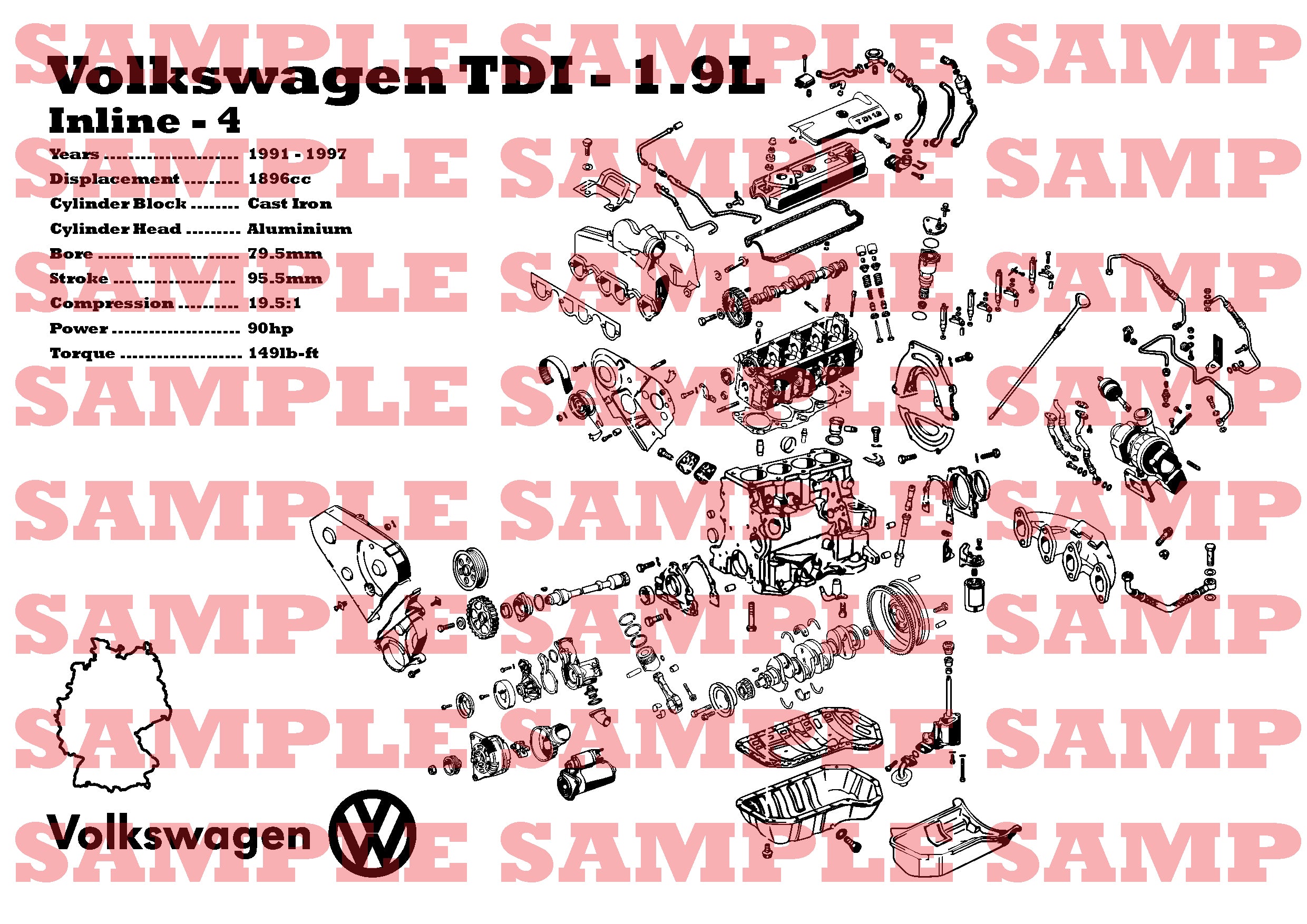 Volkswagen TDI 1.9L [1Z] exploded view poster – EngineMaps