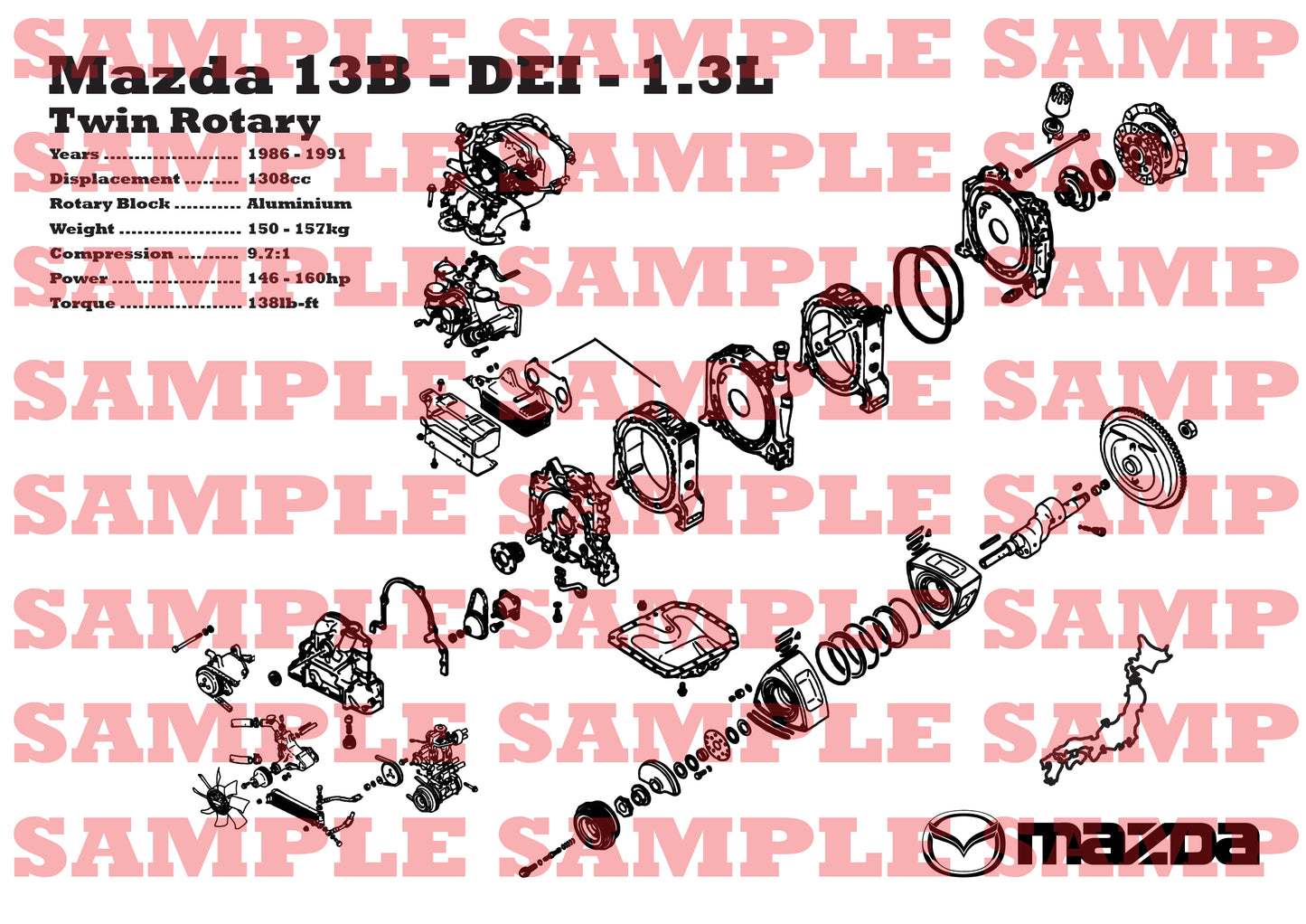 Mazda 13B-DEI rotary engine Exploded View Poster