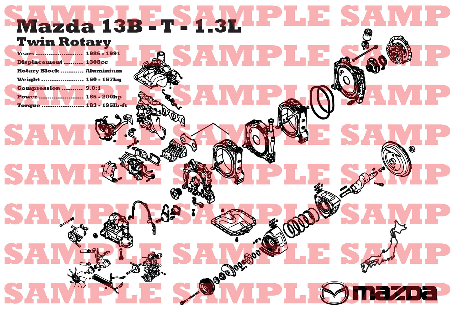 Mazda 13B-T rotary engine Exploded View Poster