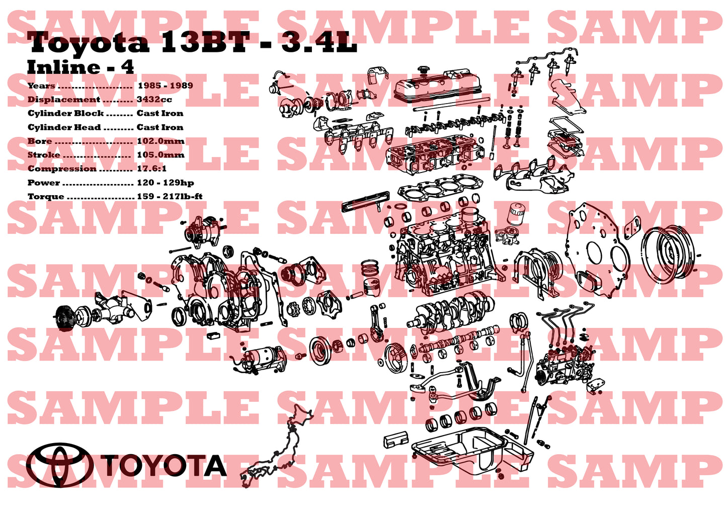 Toyota 13BT 3.4L Exploded View Poster