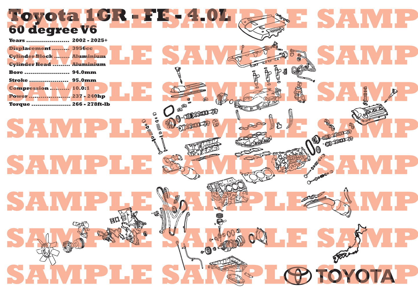 Toyota 1GR-FE 4.0L exploded view poster