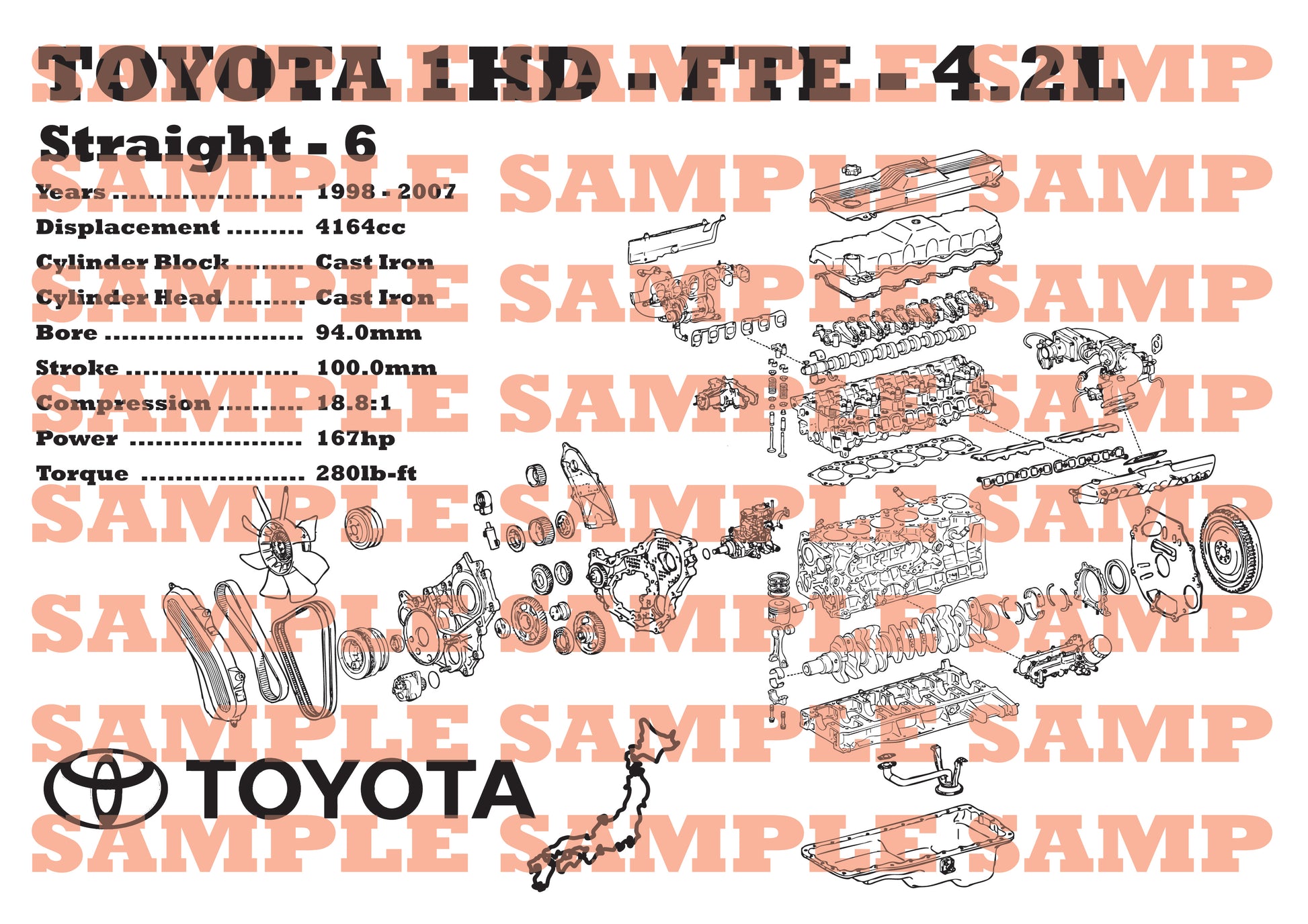 Toyota 1HD-FTE 4.2L exploded view poster – EngineMaps