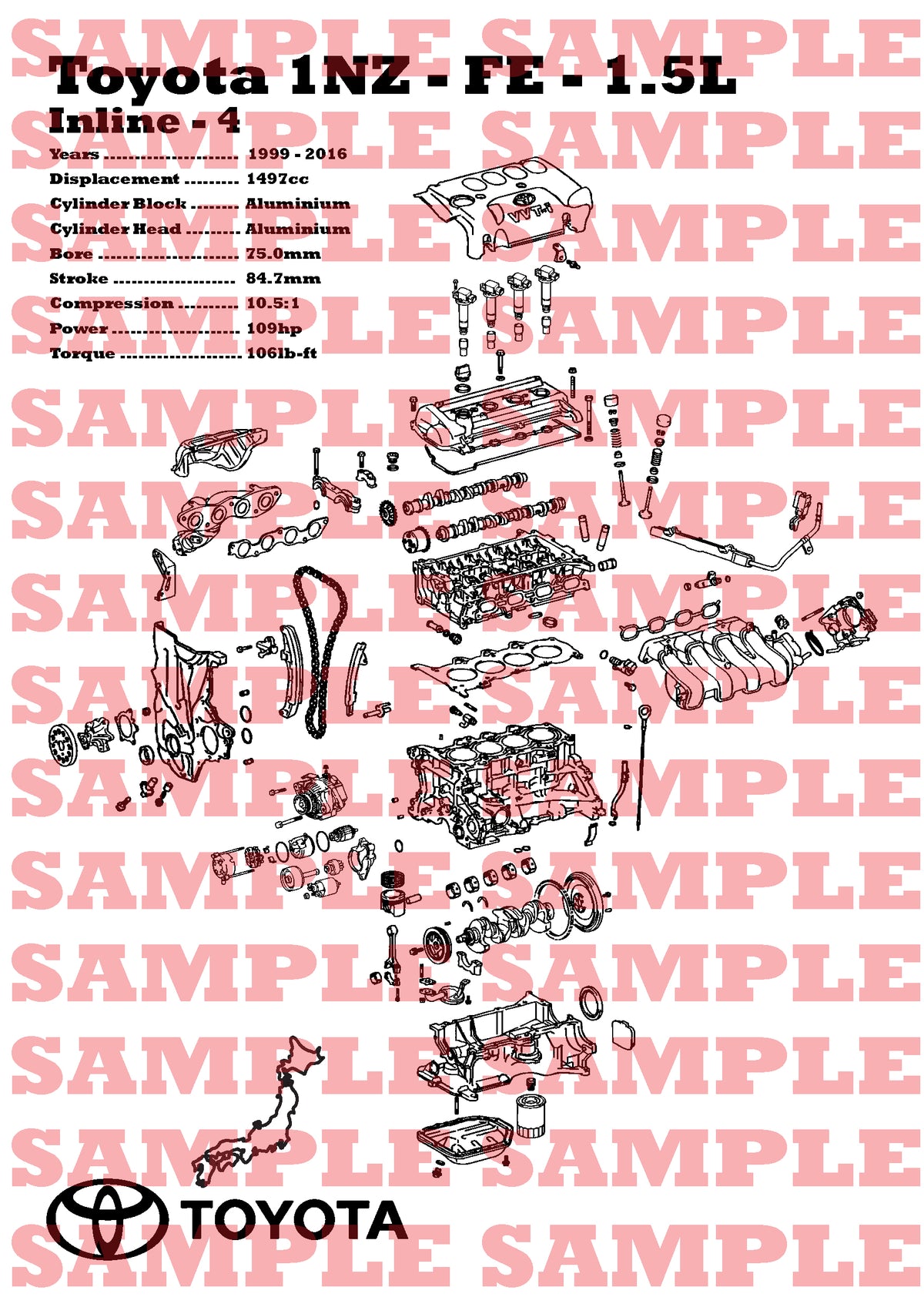 Toyota 1NZ-FE 1.5L Exploded View Poster