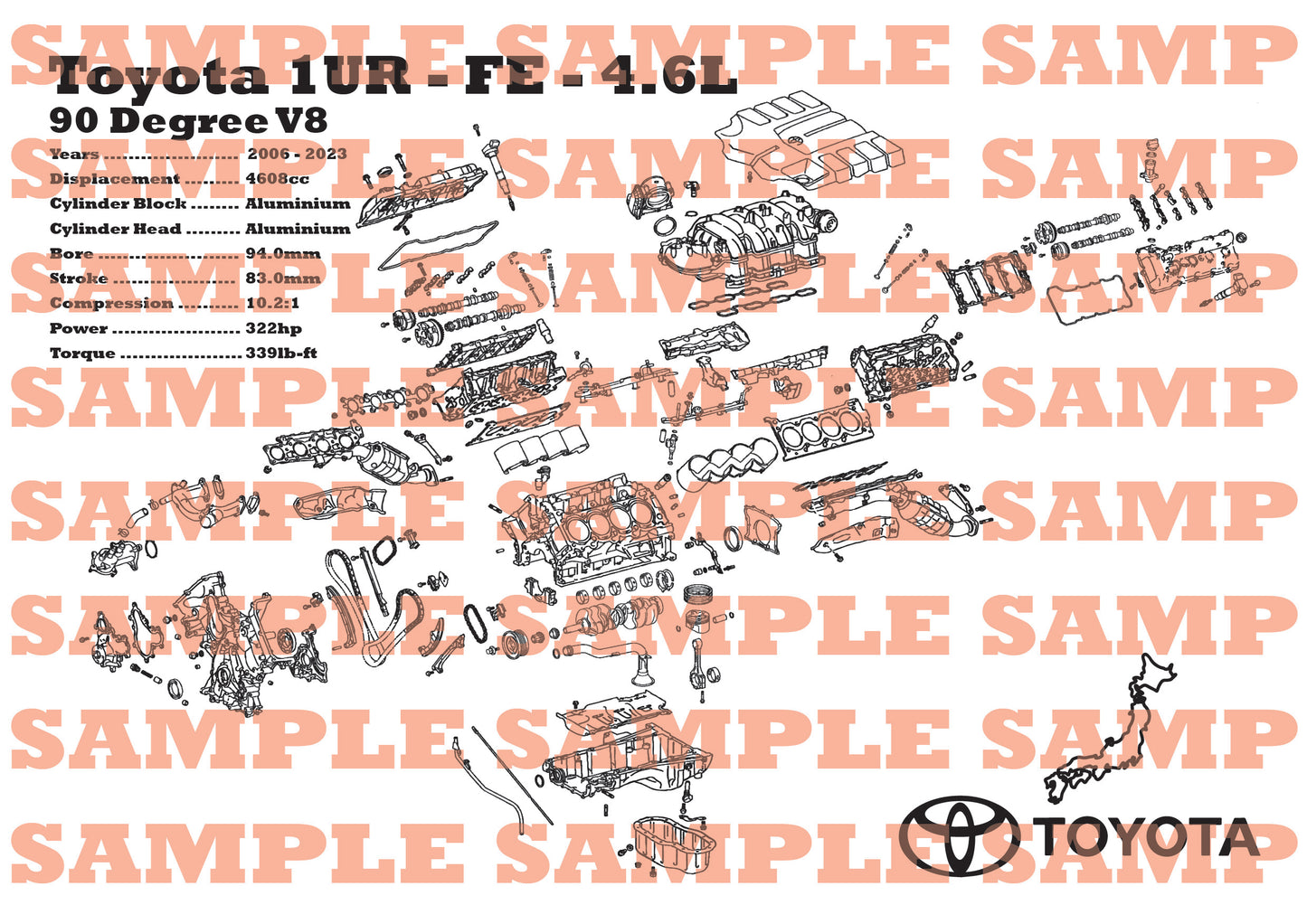 Toyota 1UR-FE 4.6L Exploded View Poster