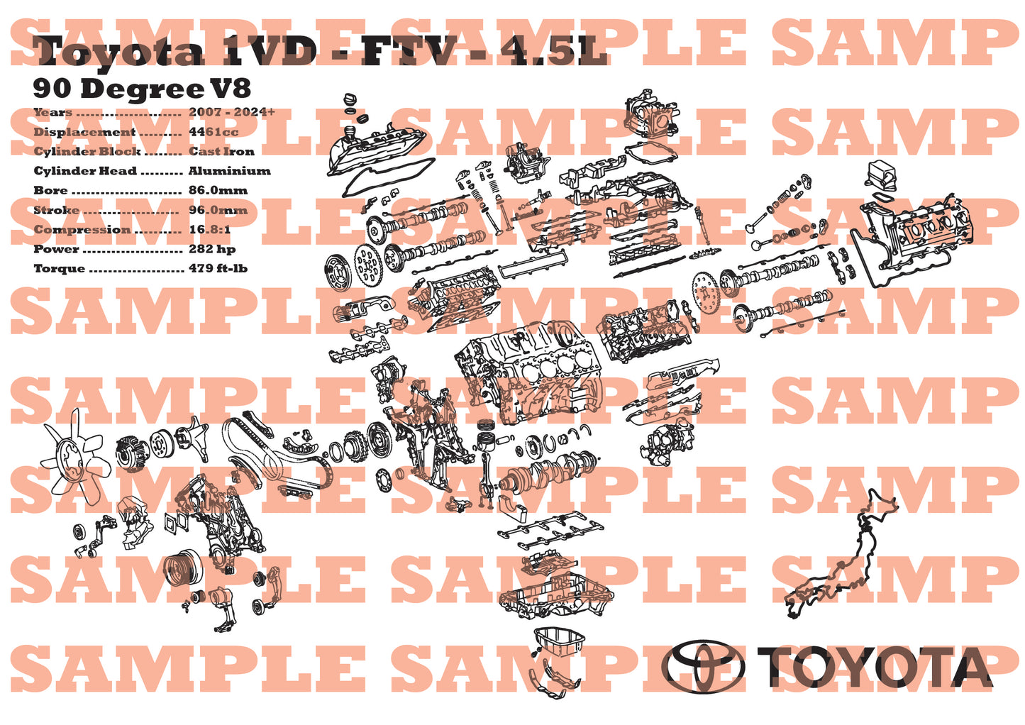 Toyota 1VD-FTV 4.5L exploded view poster