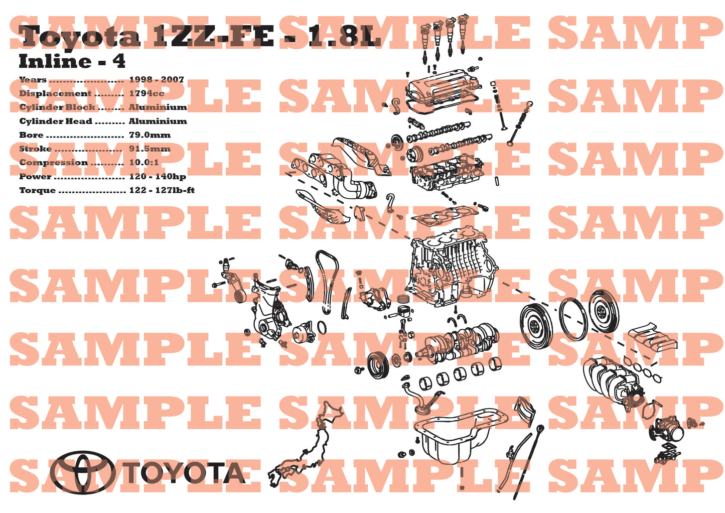 Toyota 1ZZ-FE 1.8L Exploded View Poster