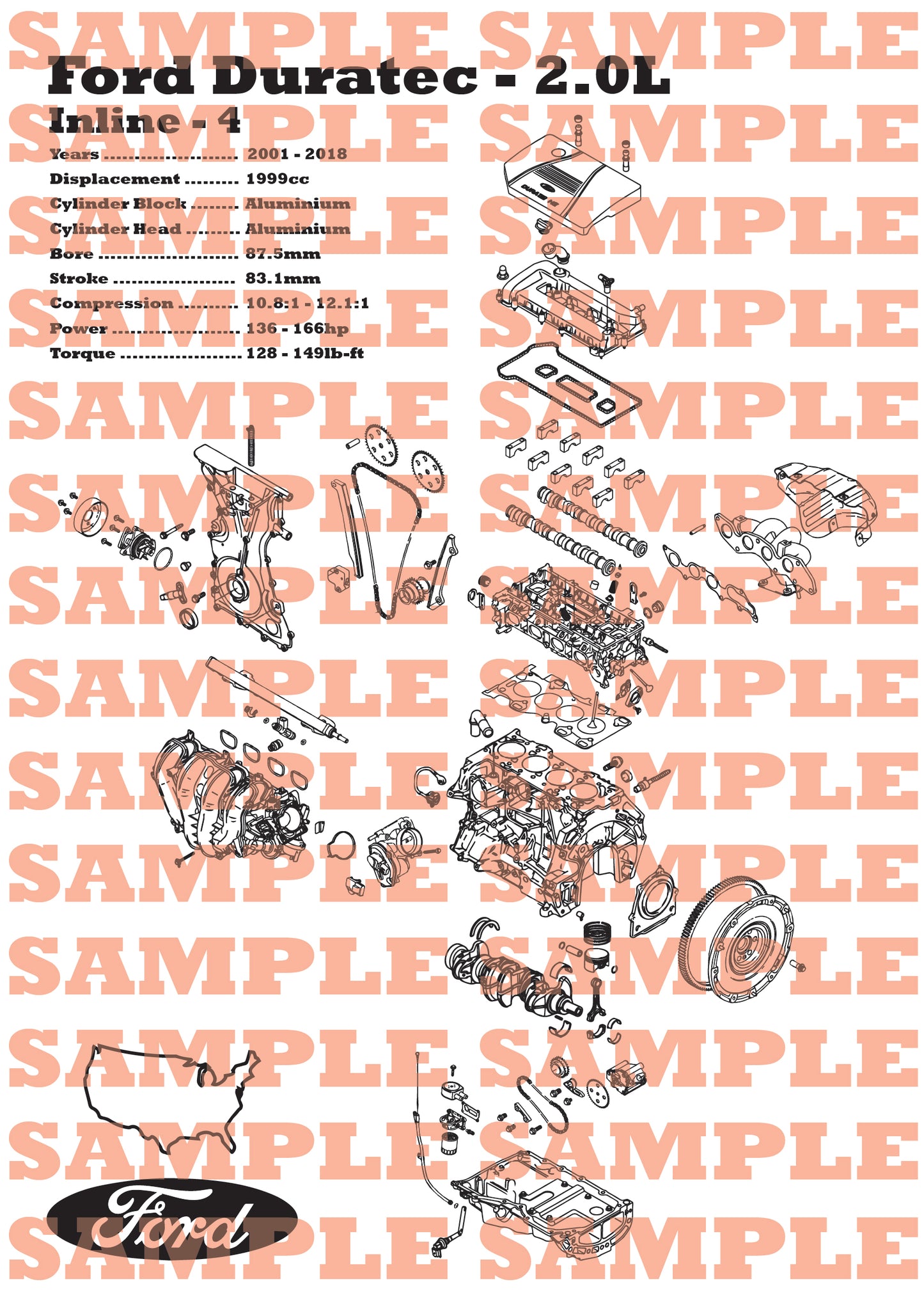 Ford Duratec 2.0L exploded view poster