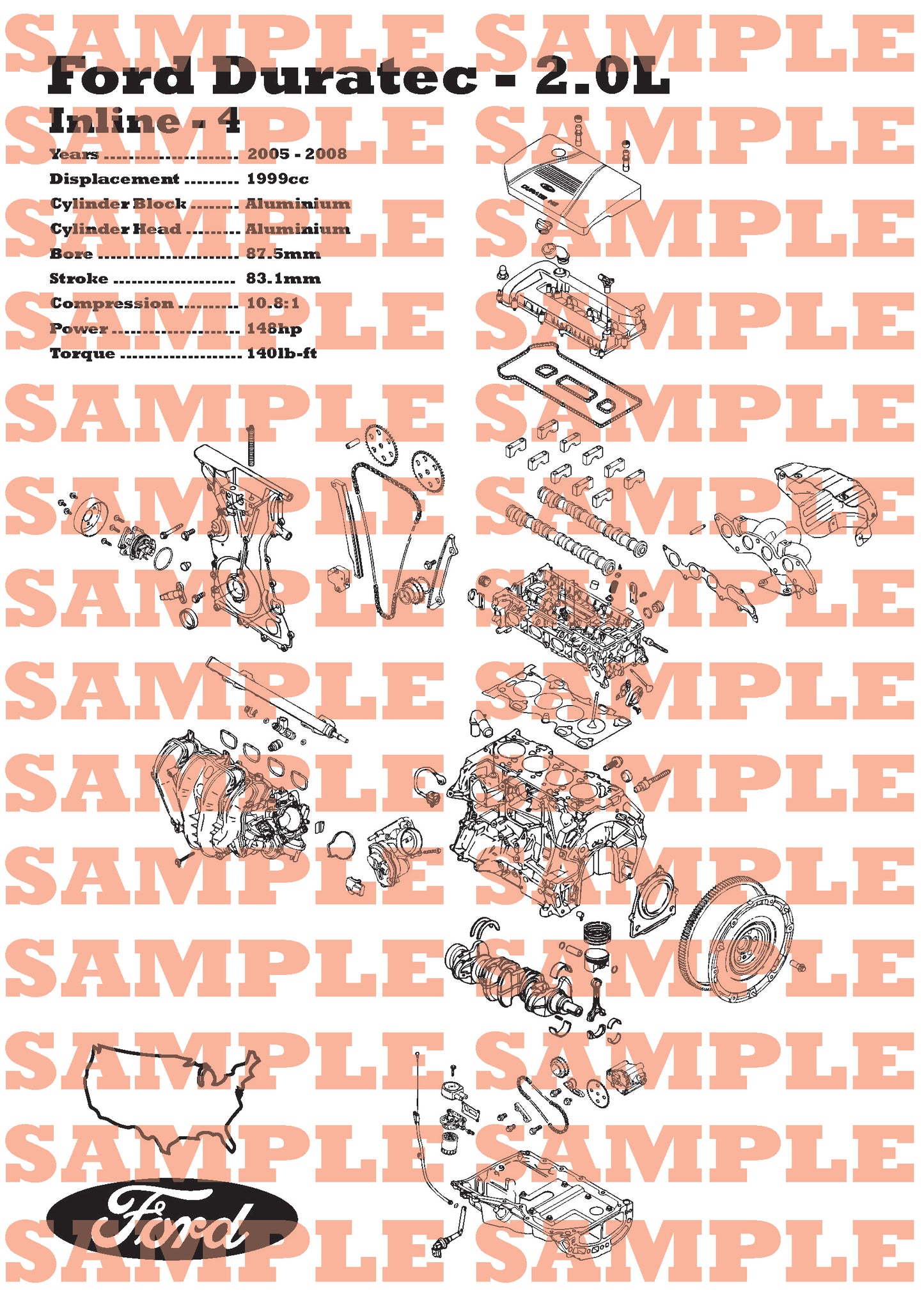 Ford Duratec 2.0L exploded view poster