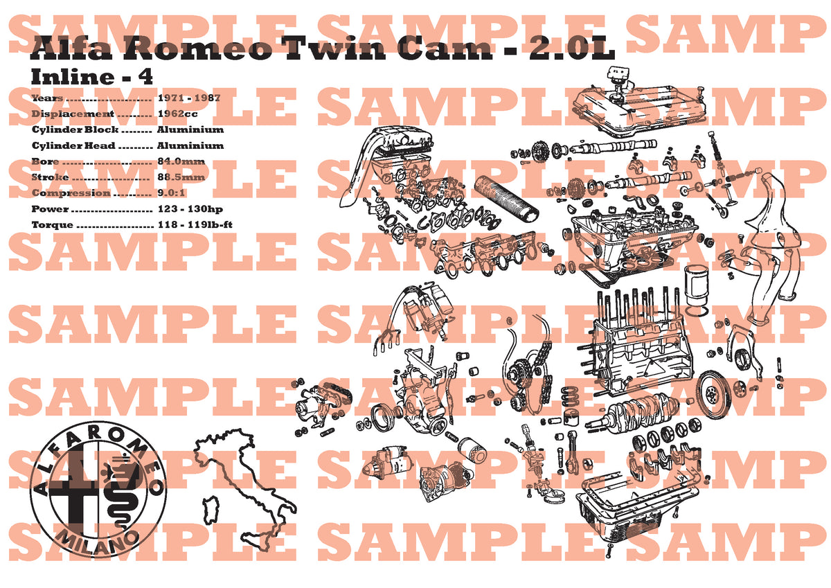 Alfa Romeo Twin Cam [Twin Carbureted] 2.0L exploded view poster
