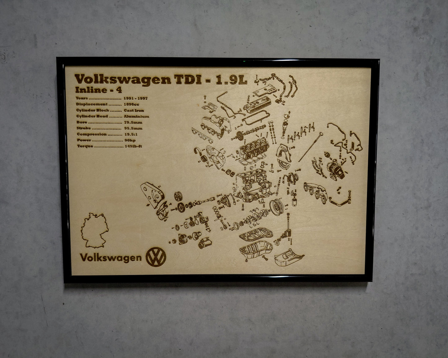 Volkswagen TDI 1.9L engine diagram on a beige background with black frame.