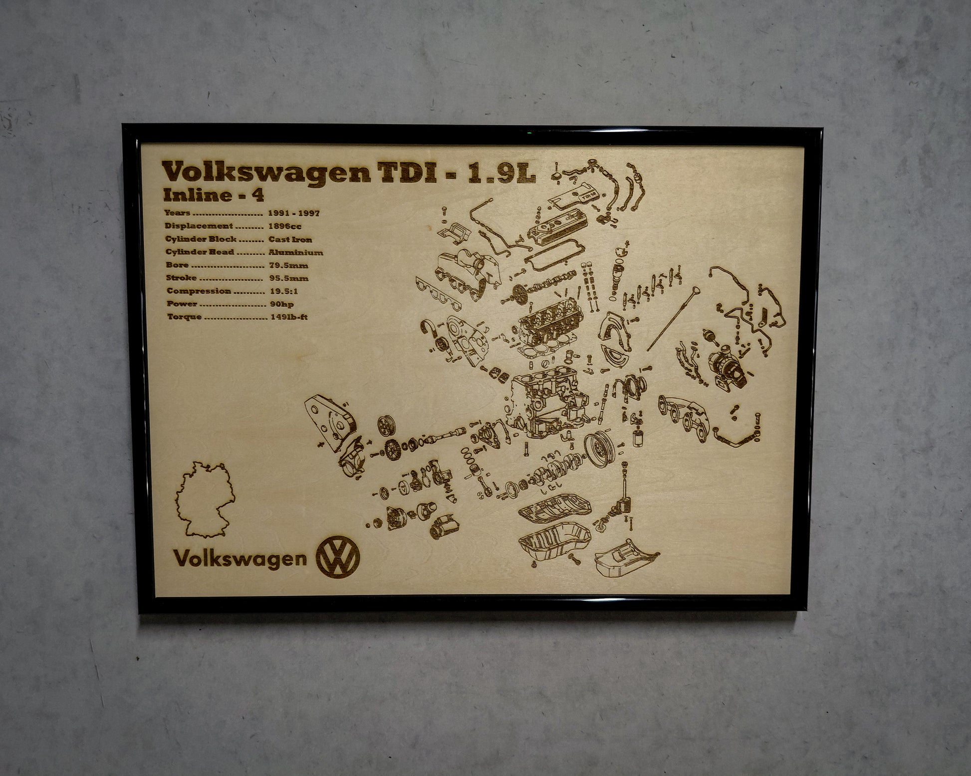 Volkswagen TDI 1.9L engine diagram on a beige background with black frame.