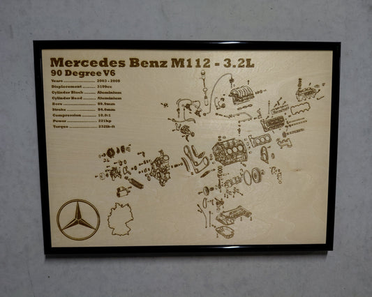 Wooden plaque with Mercedes-Benz M112 engine diagram on a gray background