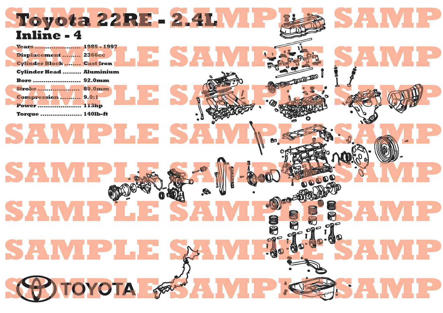 Toyota 22RE 2.4L Exploded View Poster