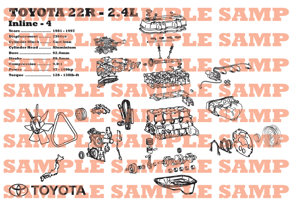 Toyota 22R 2.4L exploded view poster – EngineMaps