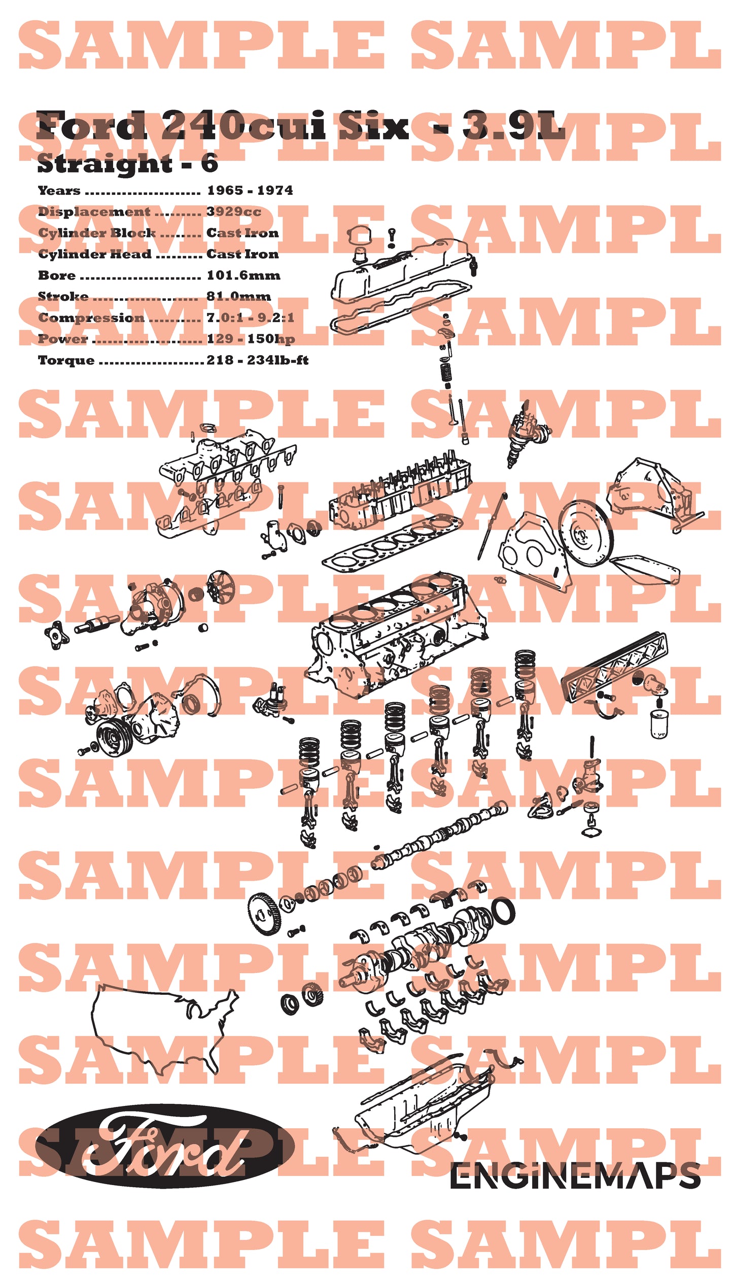 Ford 240cui Straight six 3.9L exploded view banner