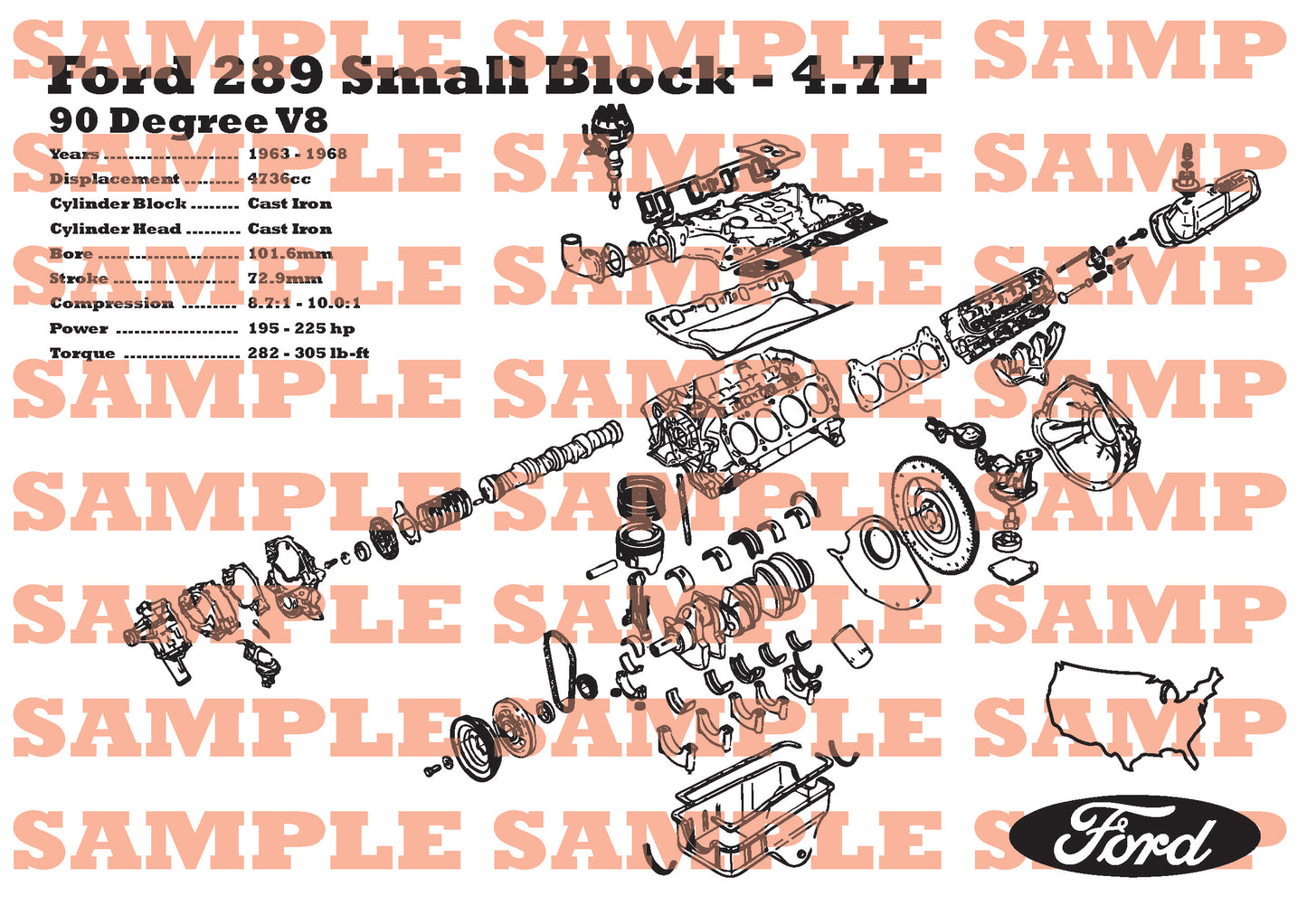 Ford 289 Small Block 4.7L exploded view poster