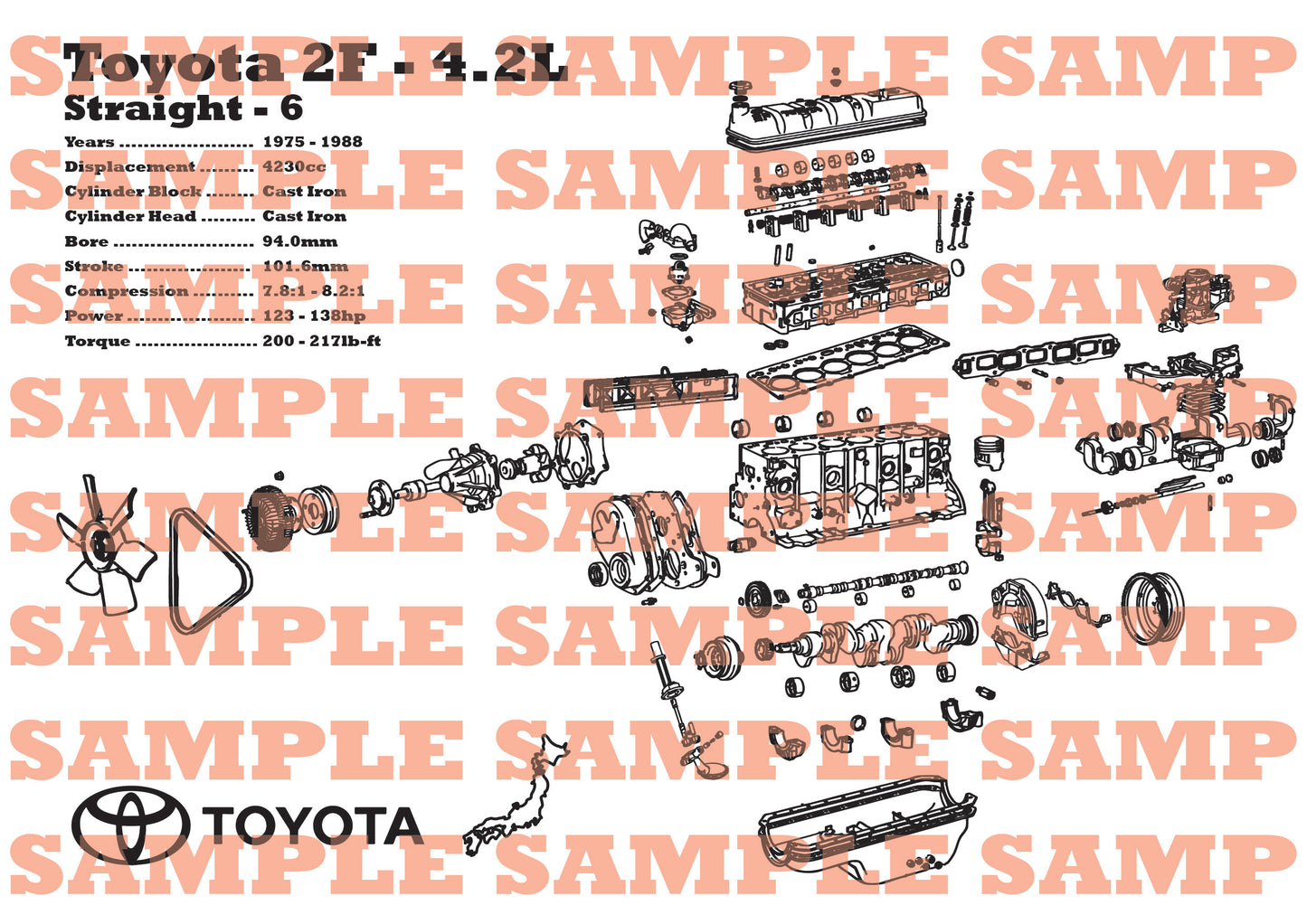 Toyota 2F 4.2L exploded view poster