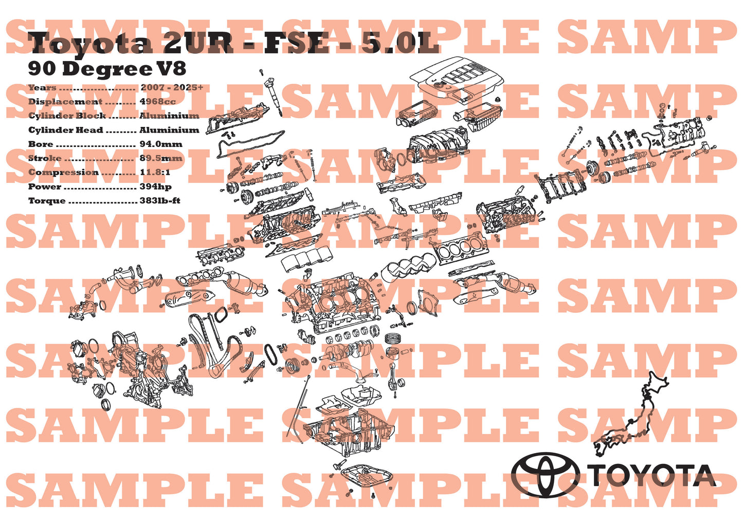 Toyota 2UR-FSE 5.0L Exploded View Poster
