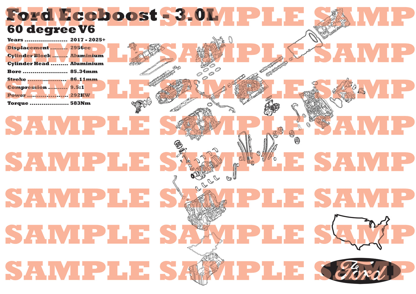 Ford Ecoboost 3.0L Exploded view poster