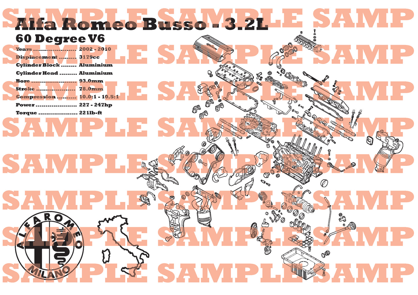 Alfa Romeo Busso 3.2L  exploded view poster