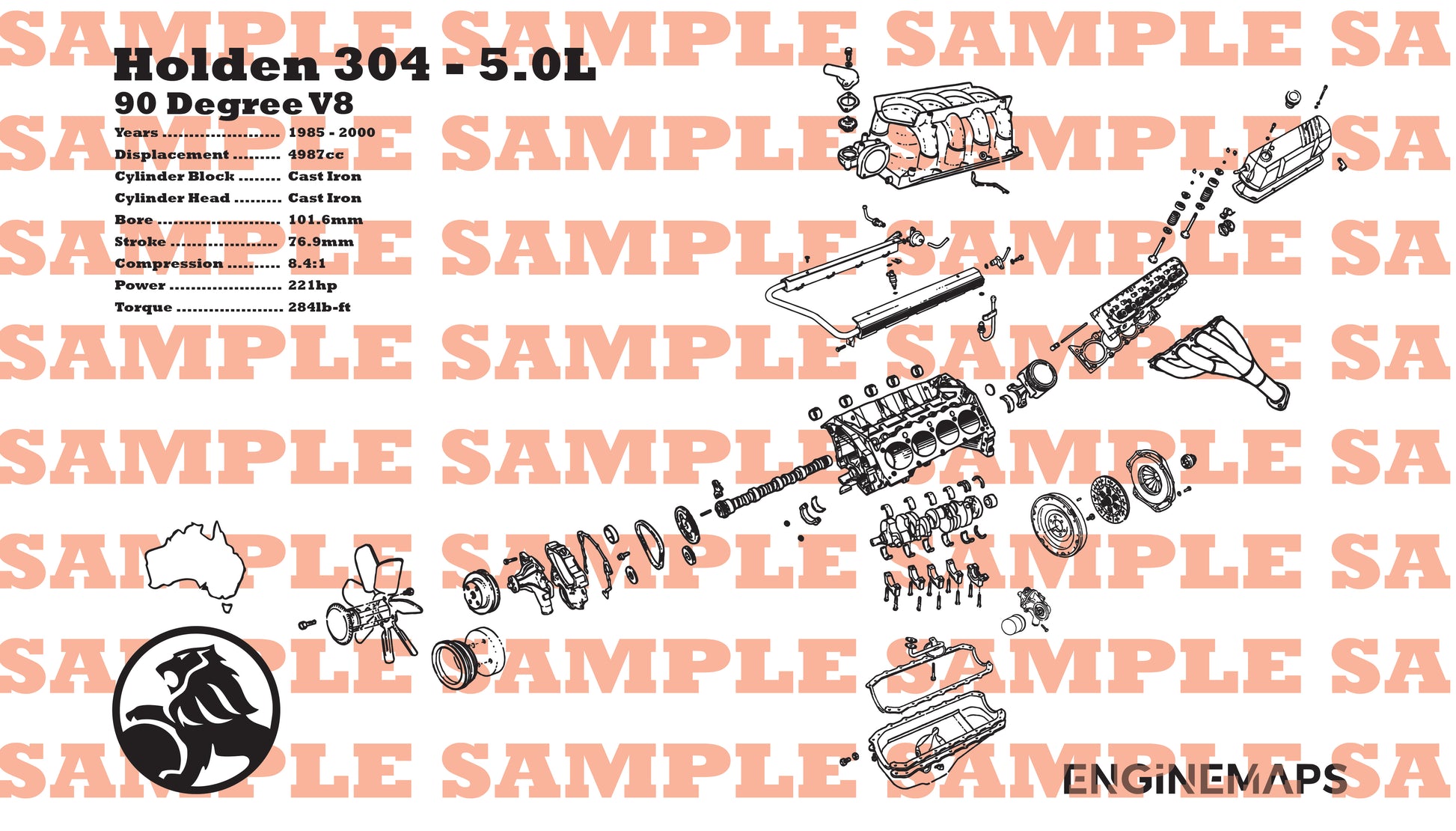Holden 304 5.0L Exploded View Banner – EngineMaps