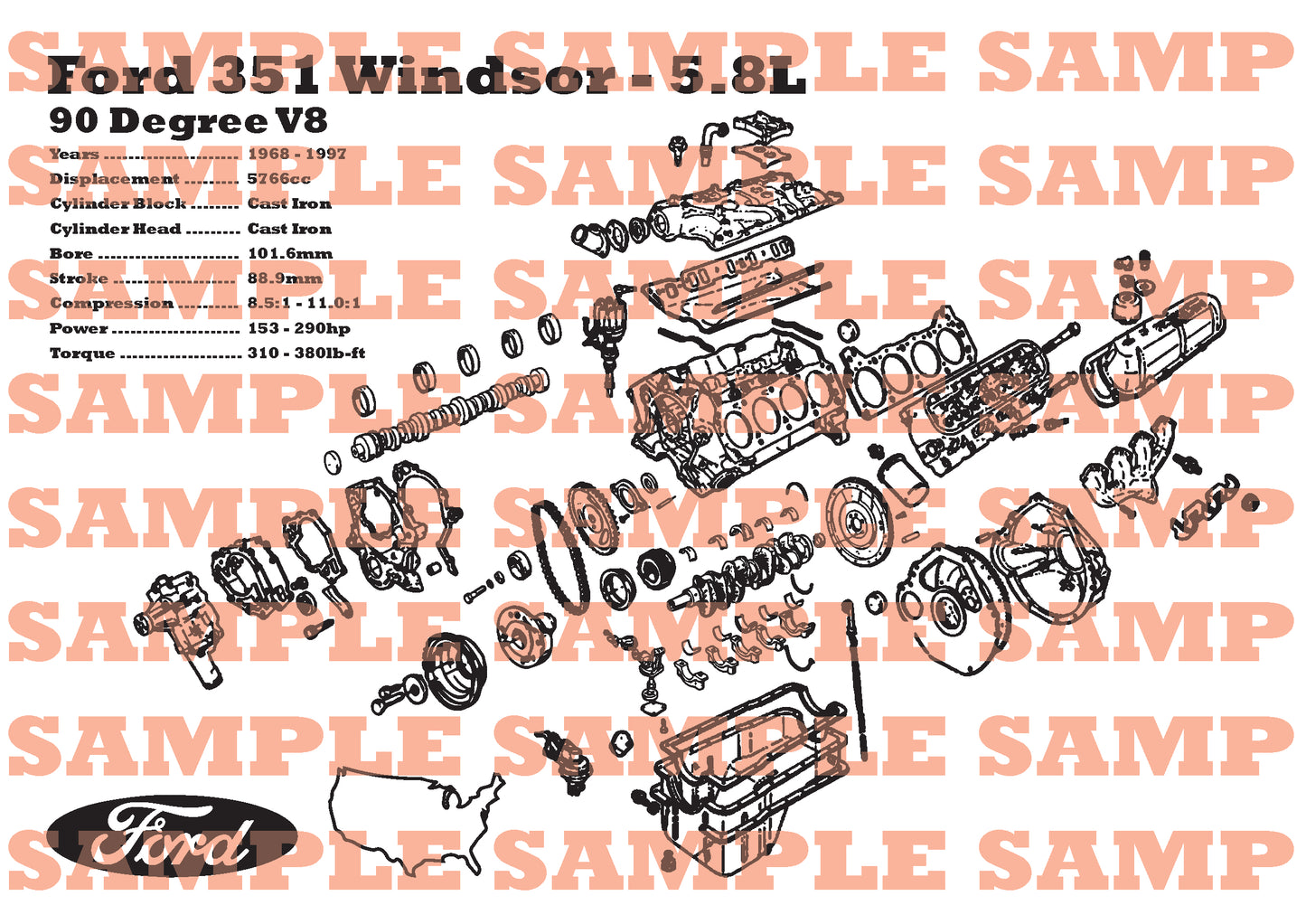 Ford Windsor 351 5.8L exploded view poster