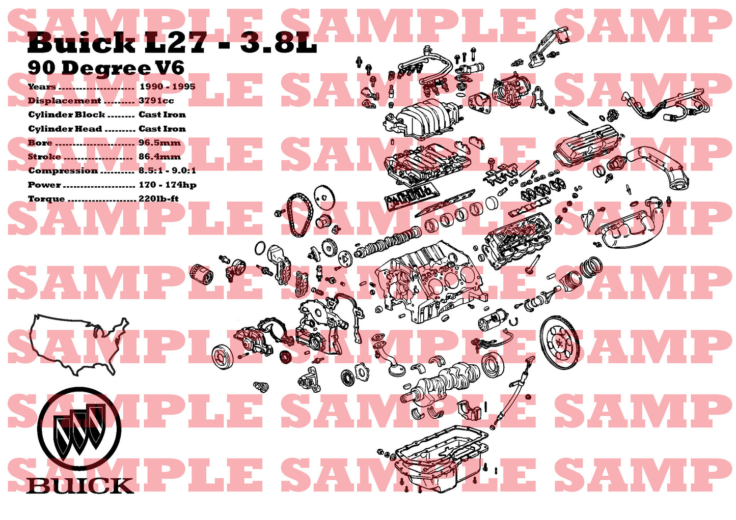 Buick 3800 L27 3.8L Exploded View Poster