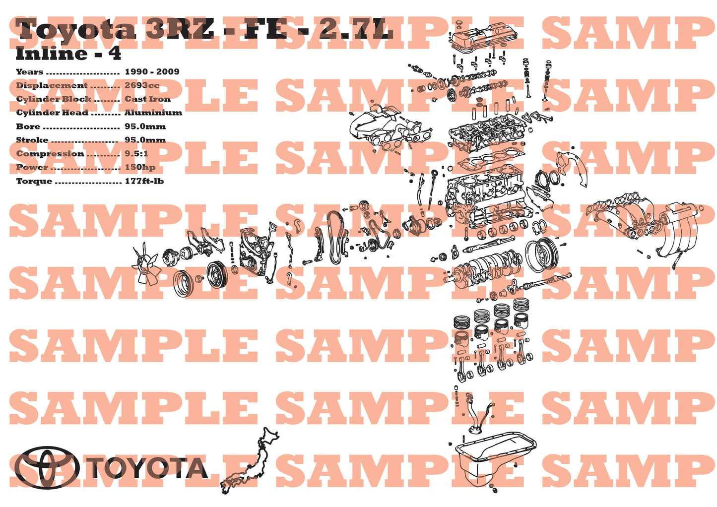 Toyota 3RZ-FE 2.7L Exploded View Poster