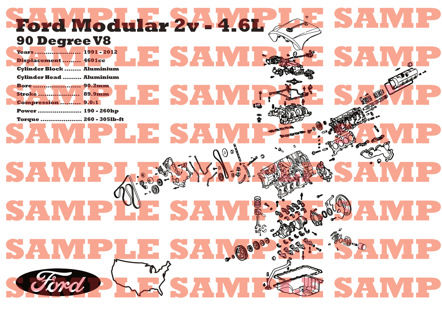 Ford Modular 2v 4.6L exploded view poster