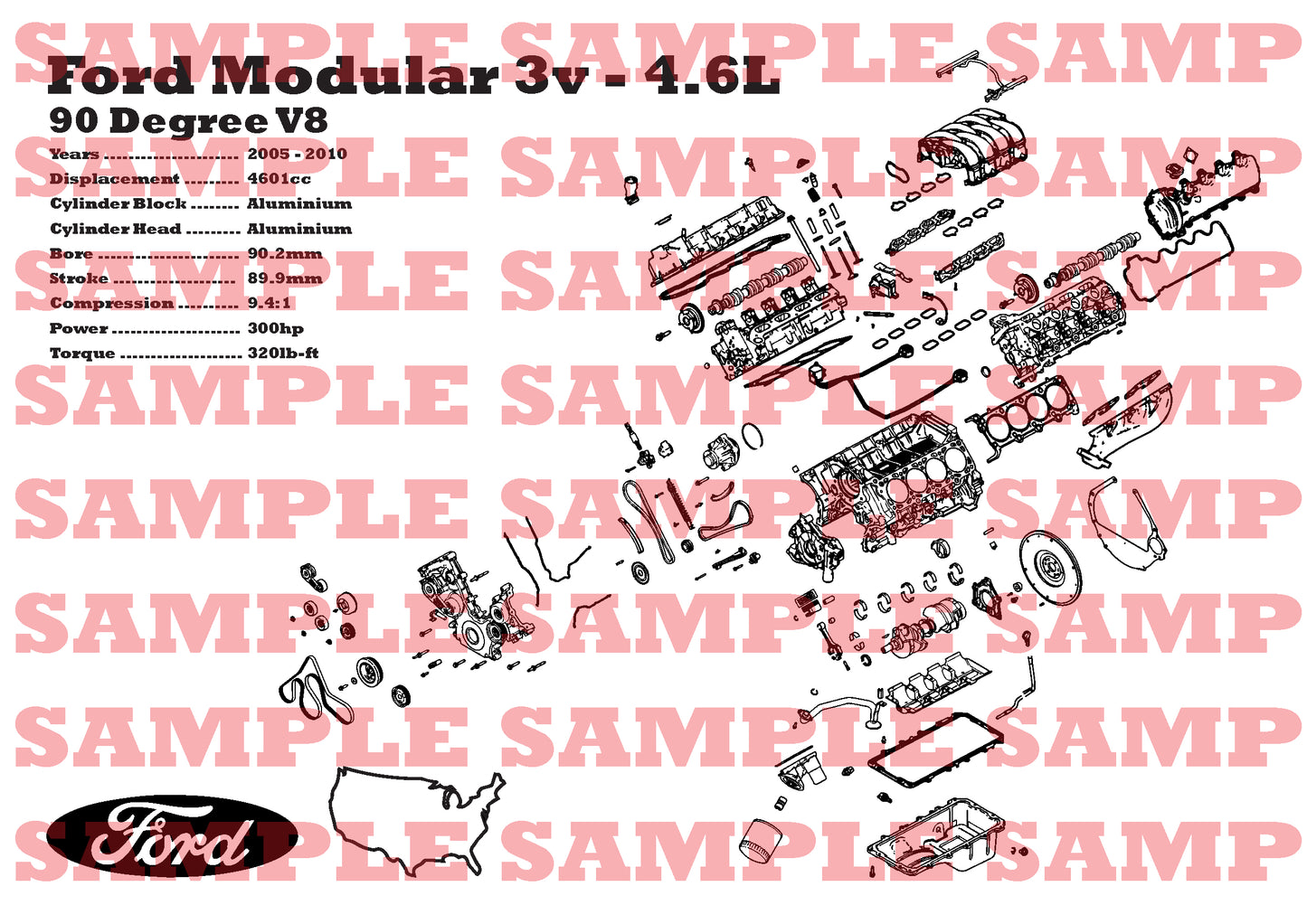 Ford Modular 3v 4.6L exploded view poster