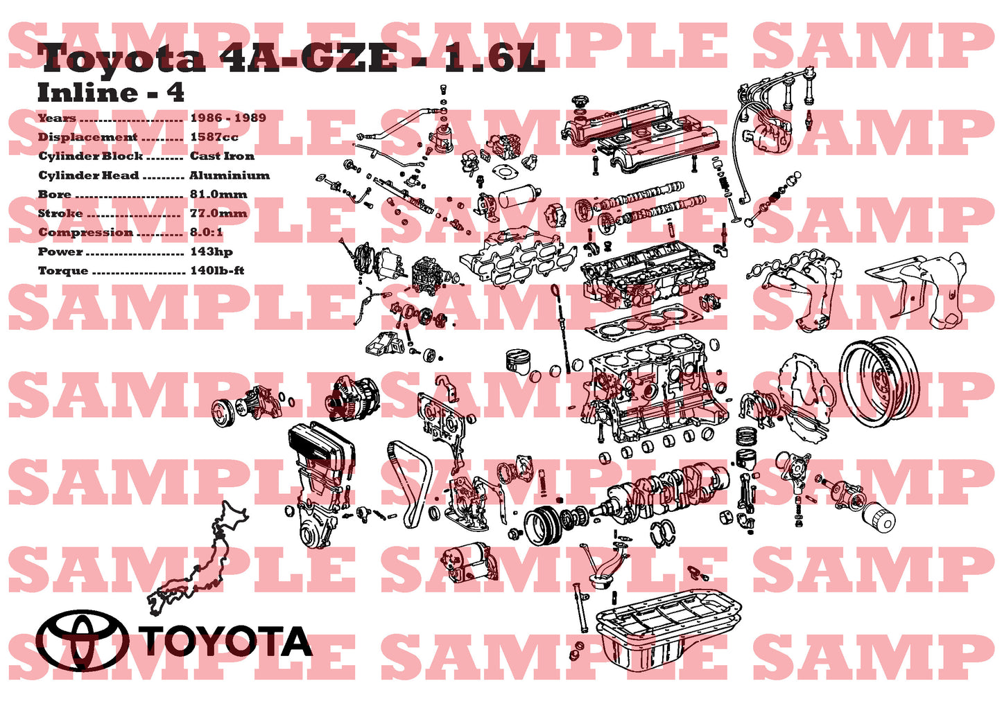 Toyota 4A-GZE 1.6L Exploded View Poster