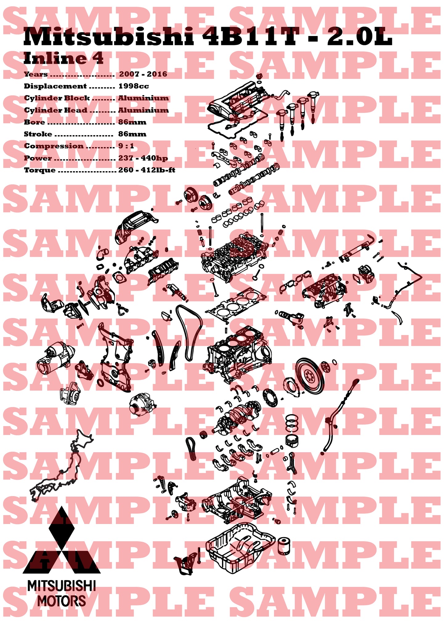 Mitsubishi 4B11T 2.0L exploded view poster