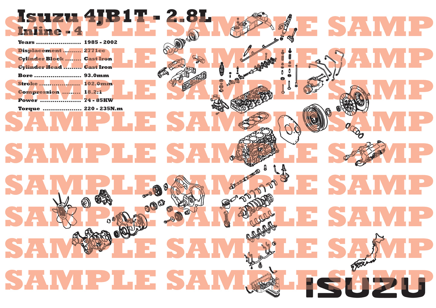 Isuzu 4JB1-T 2.8L Exploded view poster