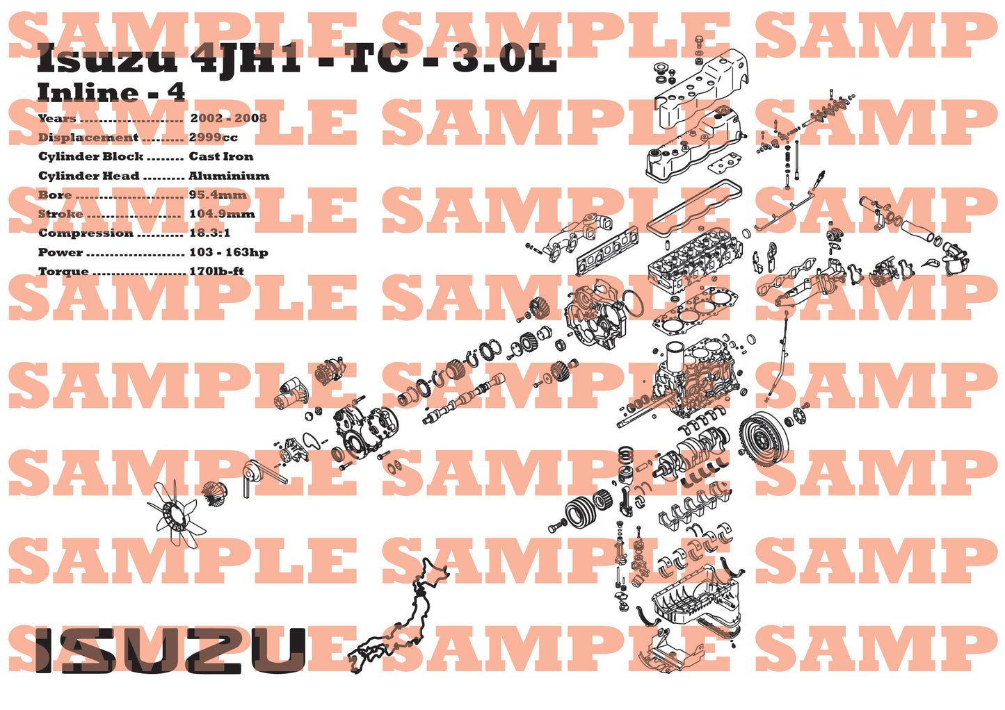 Isuzu 4JH1-TC 3.0L exploded view poster